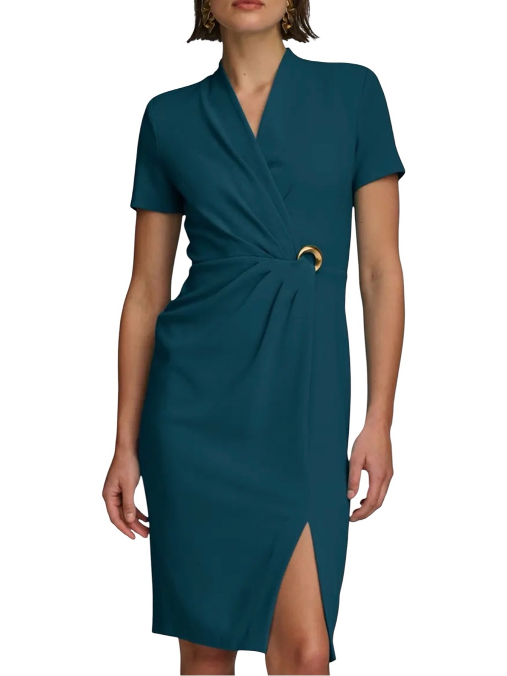 Donna Karan Teal Faux Wrap Sheath Dress Size 6